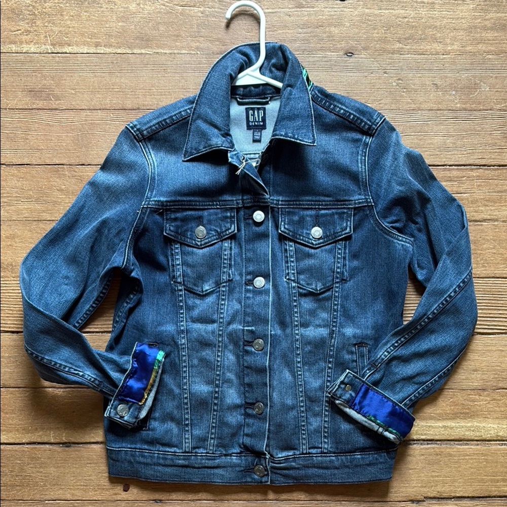 Denim Jacket with Blue Silk Peacock Design Accents
